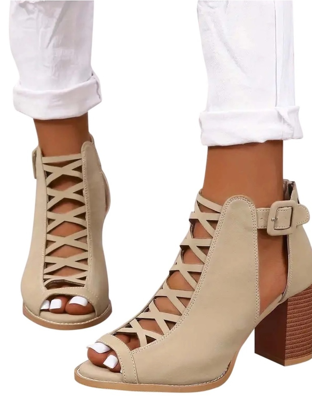 Peep Toe Ankle Adjustable Bootie! Criss BOHO Cross Faux Suede Design 2.95” Heel!
